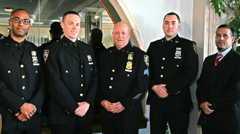 Photo by Sam Spokony Officers of the Year honored on Dec. 12, from left: Officer Sergio De La Mota, Ninth Precinct; Officer Liam Cawley, Sixth Precinct; Sergeant Michael Filomena, 10th Precinct; Officer Michael Relf, 14th Precinct; and Officer Leonardo Nimo, 13th Precinct.